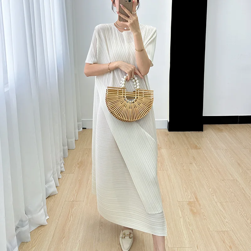 

Miyake Dress 2023 New Summer Thin Slim-fit Cover Meat Show Slim Solid Color Temperament Commuter Long Dresses Women Clothing
