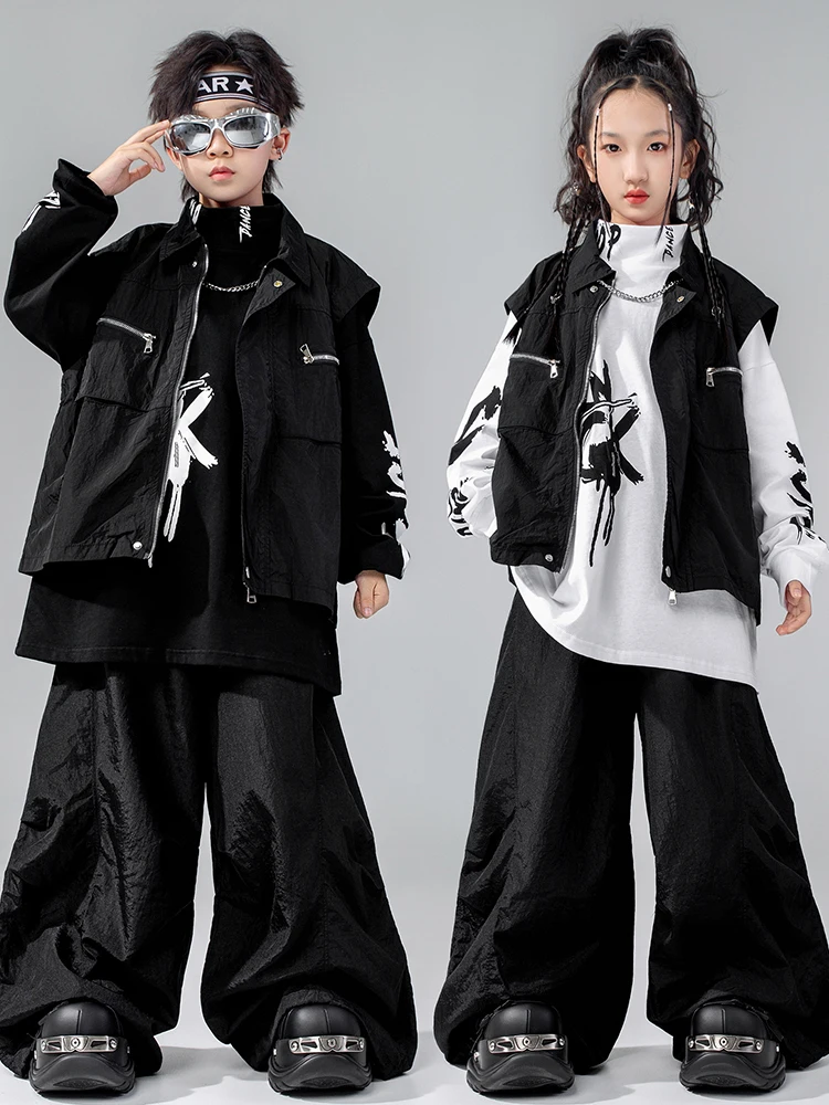 Hip Hop Tanzkostüm Kinder Schwarz Jazz Performance Outfit Oversize Top Shuffle Hose Jungen Mädchen Mode Street Dancewear 4612