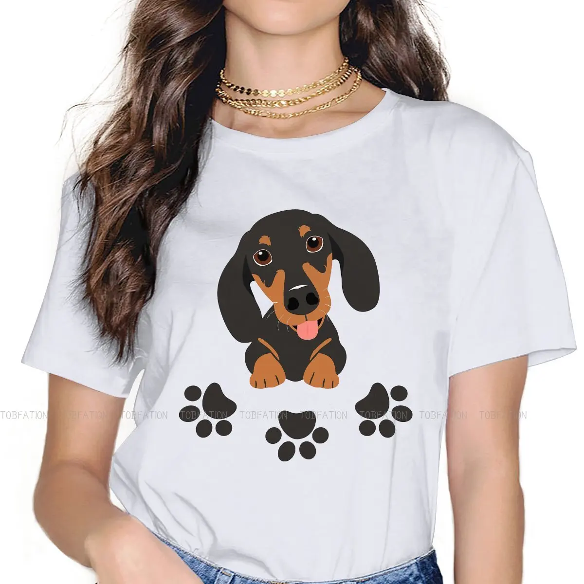 Dachshund and Paw Print Hipster TShirts Sausage Dog Girl Fabric 5XL T Shirt Round Neck Oversized