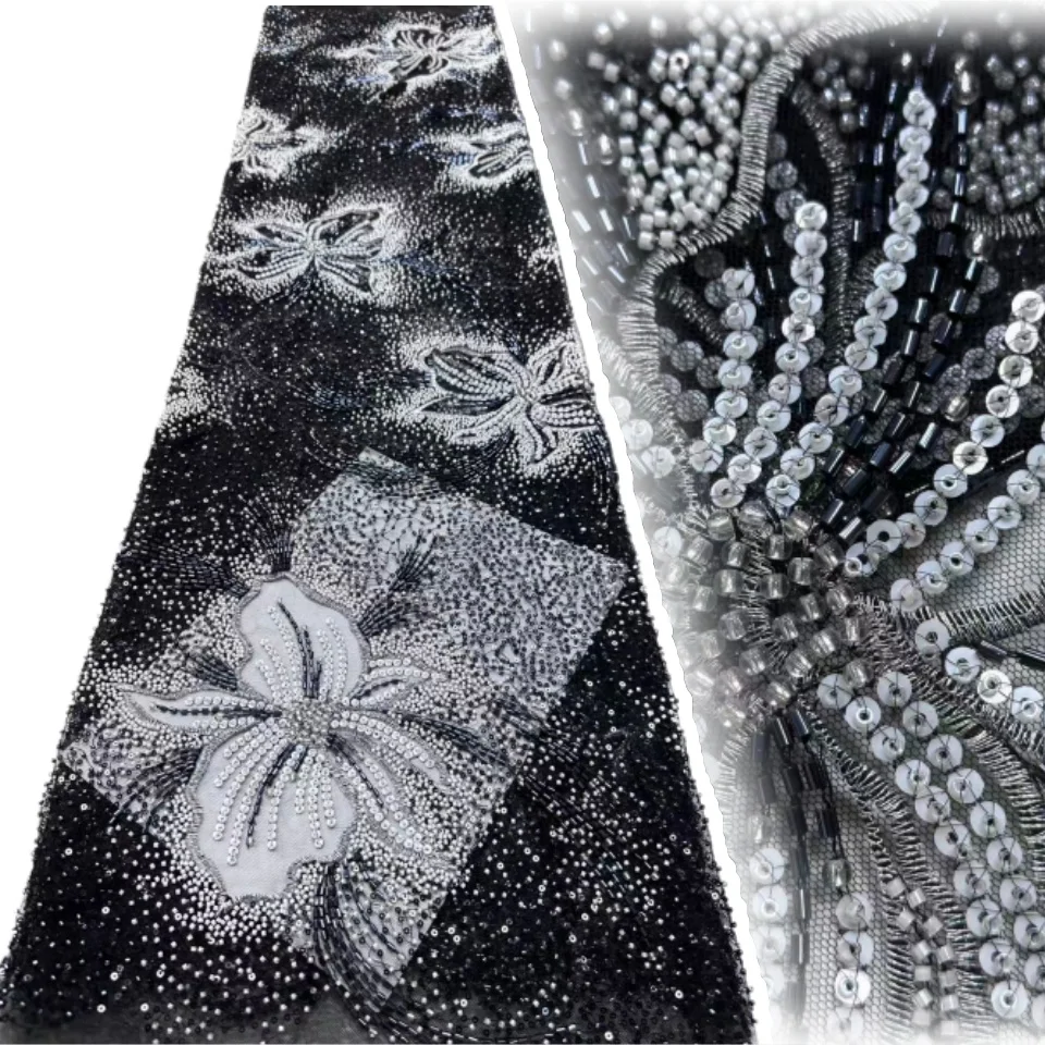 

New Design Fashion Africa Nigerian Artistic Pattern Embroidery Sequins Hot Sale French Beads Tulle Lace for Party Dress CC1477