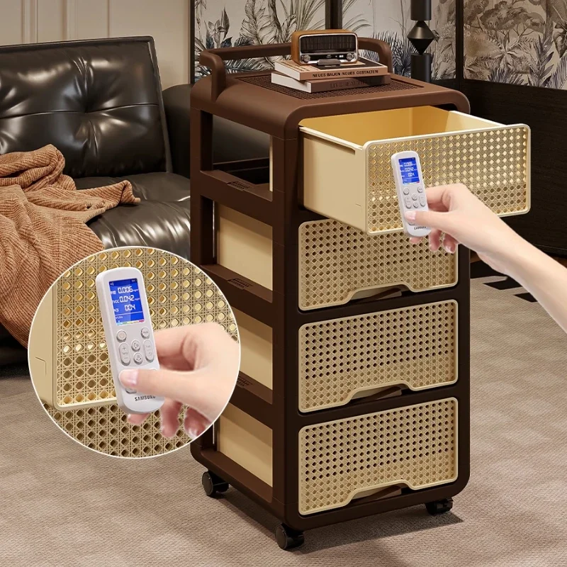 Multi-Layer Imitation Rattan Storage Cart with Drawers Mobile Snack Rack Organizer for Living Room Kitchen Trolley