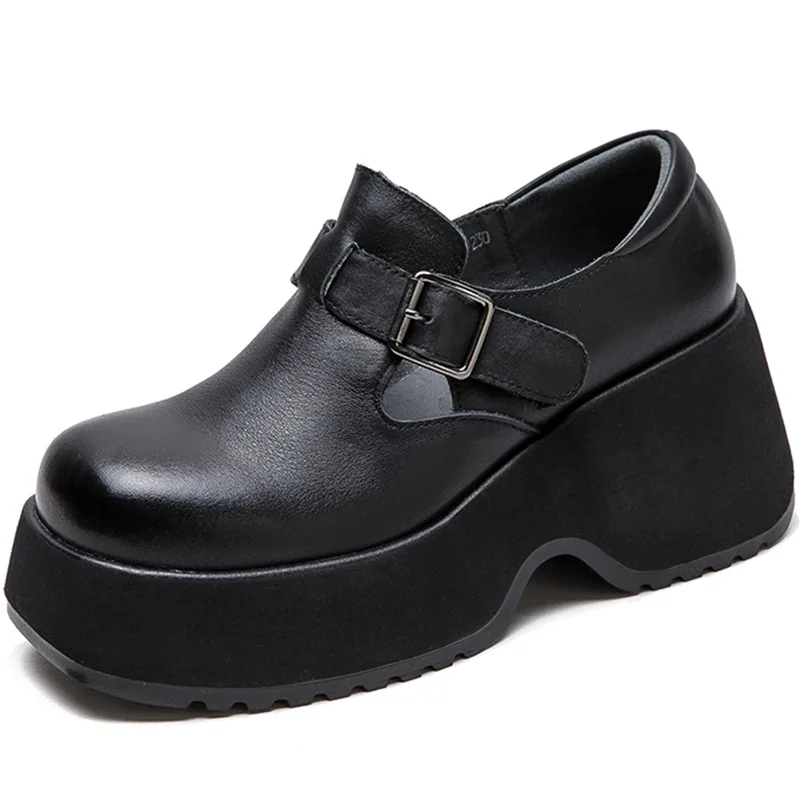 

Genuine Leather Square Toe Women's Shoes 2025 Spring New Pumps Simple Thick Sole Casual Comfortable Platform Shoes