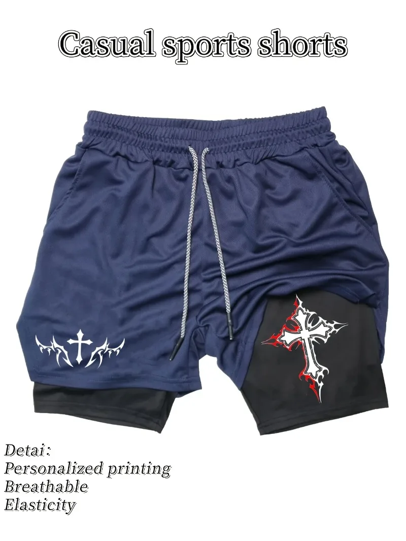 Pantalones cortos deportivos de secado rápido para hombre, pantalones cortos de entrenamiento transpirables que absorben la humedad para gimnasio con cordón de cintura elástica, diseño de doble capa