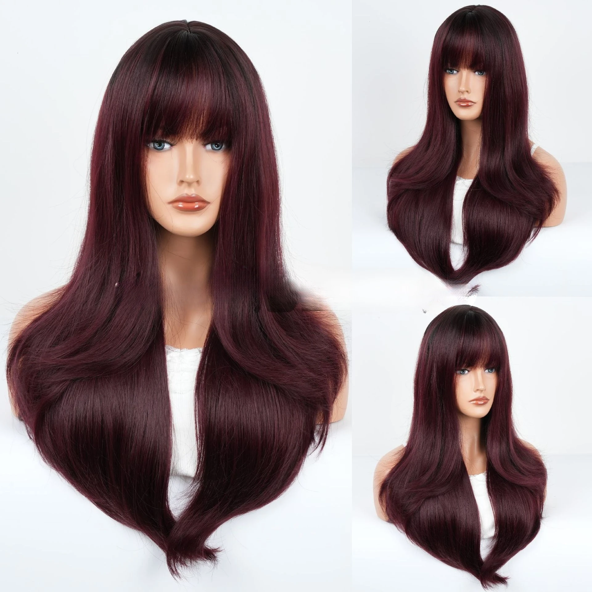 

European and American wigs Qi bangs long curly hair gradual change burgundy natural big wave imitation full head wig