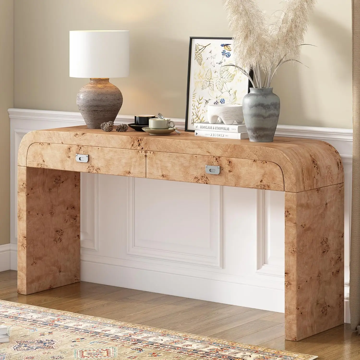 Wooden Console Table with 2 Large Drawers, Half Moon Sofa Table for Enryway, Natural Wood+Brown, Customized