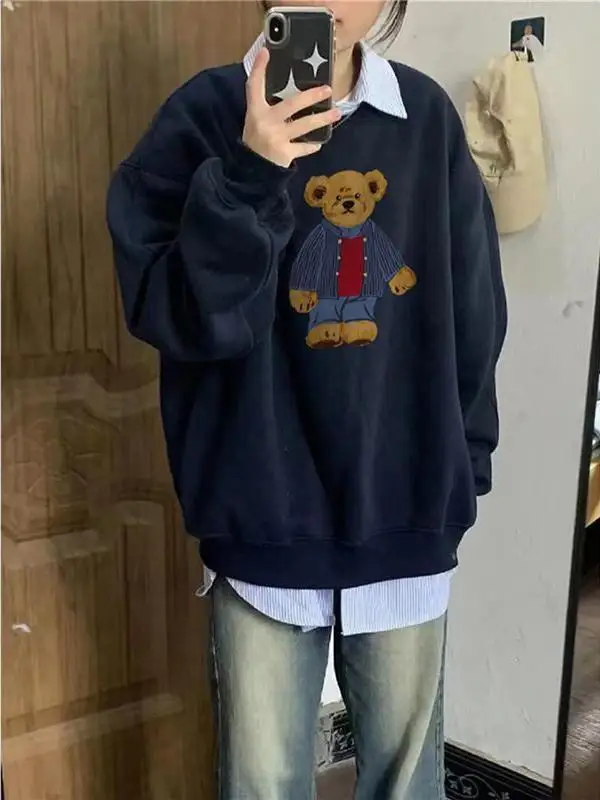 

American Retro Oversize Bear Head round Neck Sweatshirt Women Loose Casual Thickened Long Sleeve Top Trendy Polyester Fiber