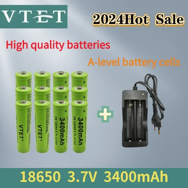 VTET-Batterie aste 2024 V 3.7 mAh, capacité 3400, pour lampe torche + chargeur, nouvelle collection 18650