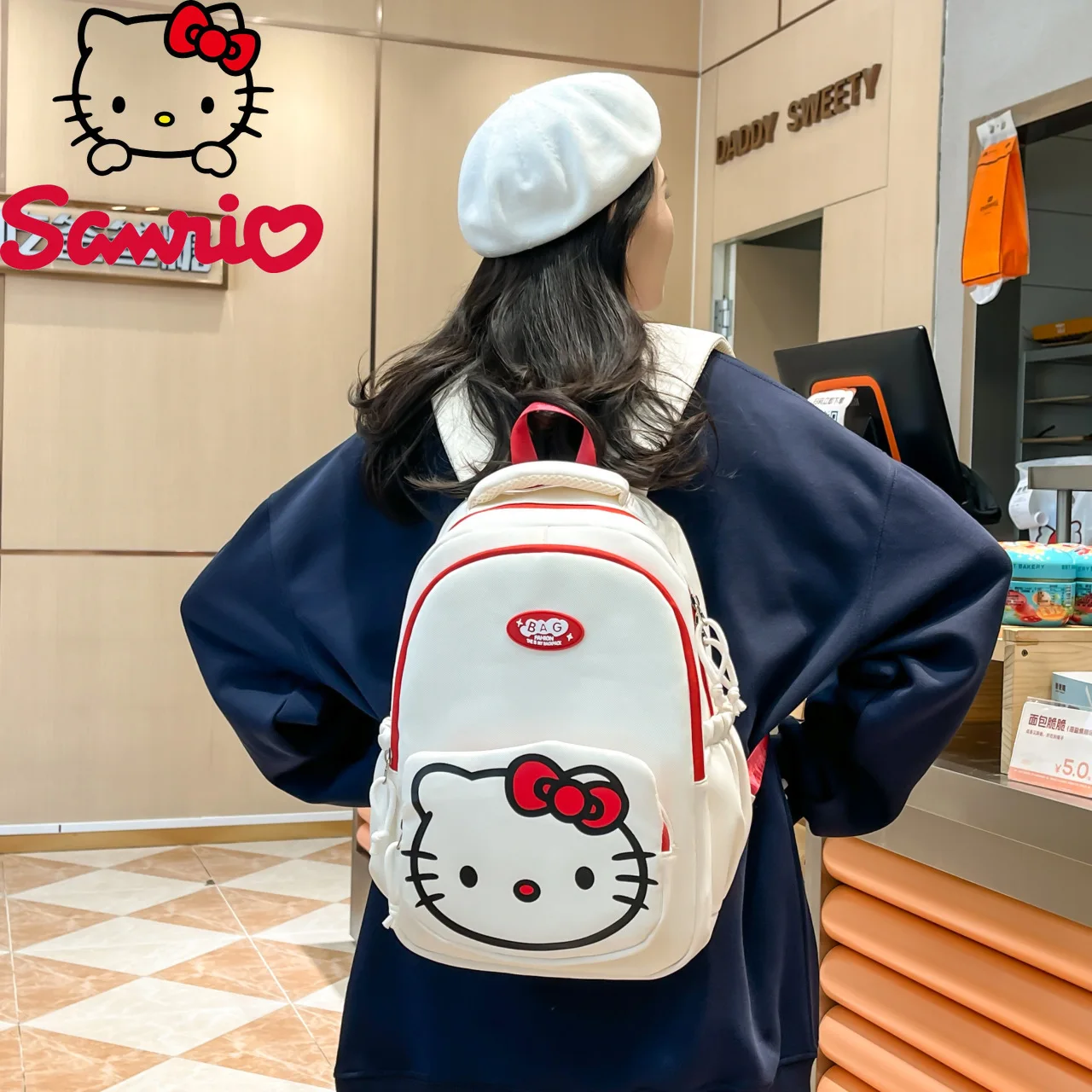  Hello Kitty Backpack Cartoon Cute Student Lightweight School Bag Large Capacity Fashionable Black White