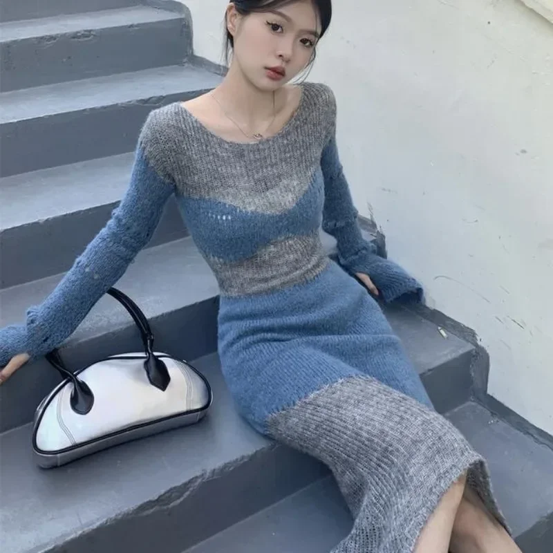 Female Knit Dress Bodycon New In Autumn and Winter Women\'s Crochet Dresses Vintage One Pieces G Curvy Loose Thic Elastic Kpop X