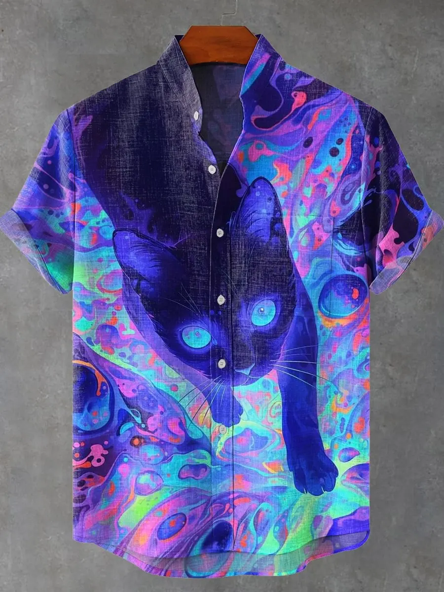 Vintage Fish Pattern Men's Art Shirt Short Sleeve Linen 100% Casual Shirt Summer Short Sleeve Shirt New Collection