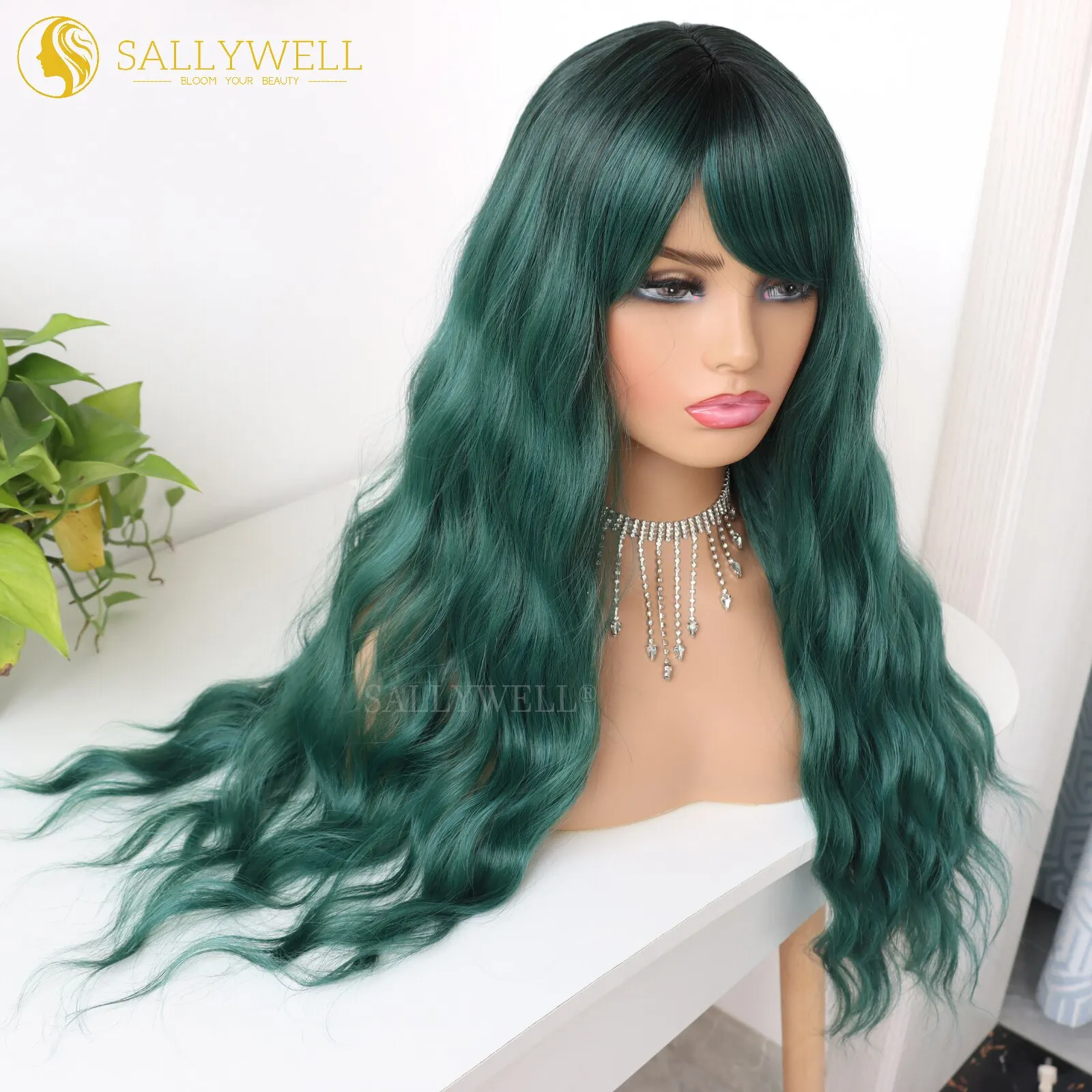 Long Wavy Green Wig With Bangs Heat Resistant Synthetic Fiber Ombre Dark Green Wig Dark Roots Loose Curly Wave Wig