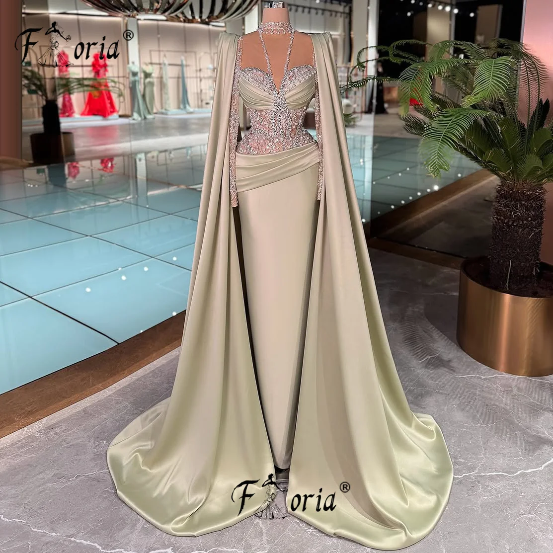 

Muslim Woman Crystal Pearls Mermaid Party Dress with Long Shawl Elegant Beaded Satin Long Sleeve Evening Prom Dresses Customized