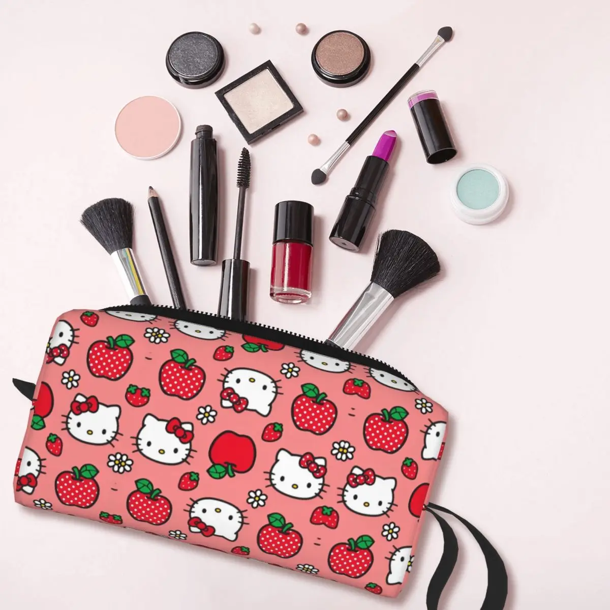 Hello Kitty Apple Strawberry Flower Pattern Large Makeup Bag Zipper Pouch Travel Cosmetic Bags Organizer for Women