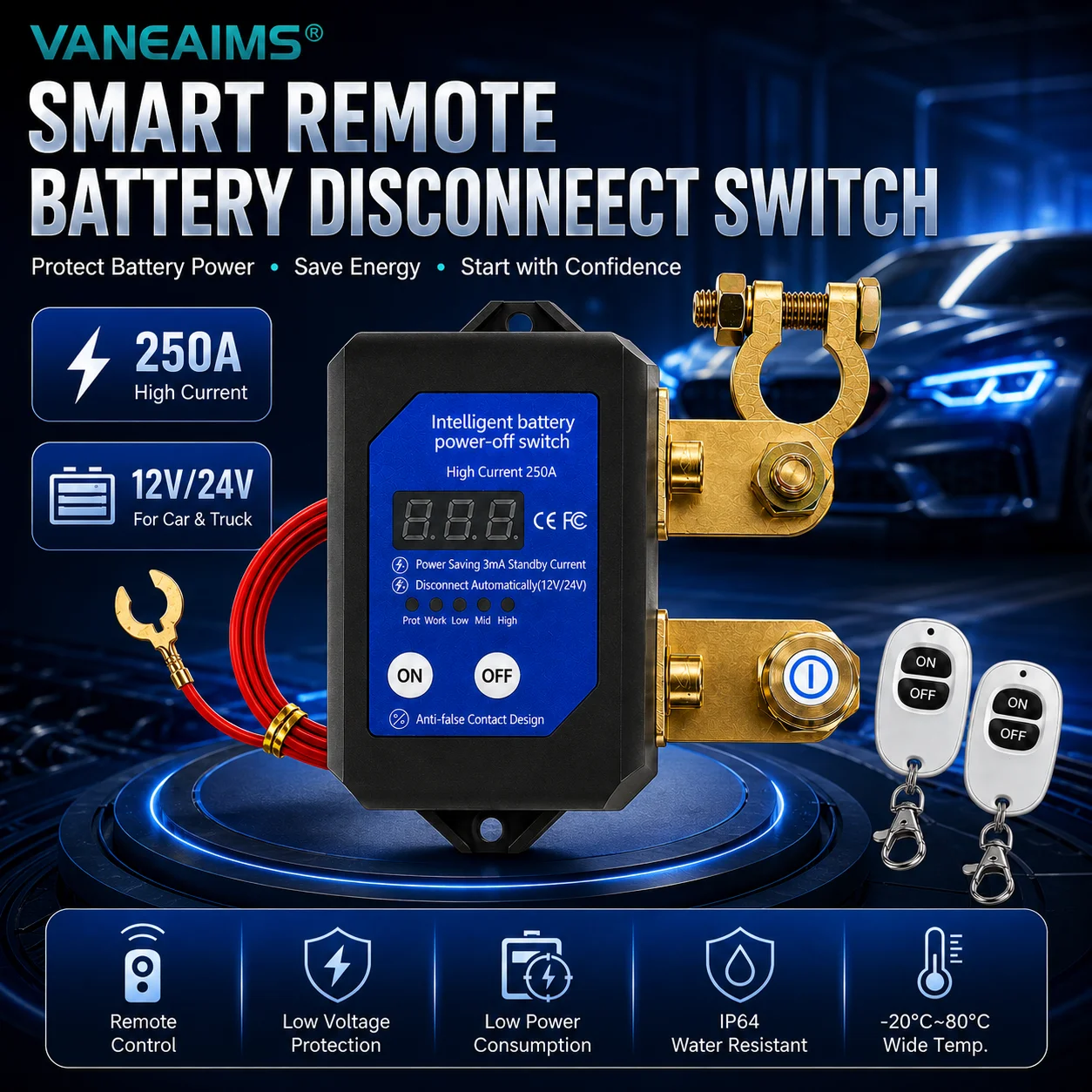 Smart Battery Disconnect Switch 12V 24V 250A with Remote Control LED Digital Voltage Display Power Kill Switch for Car Truck RV