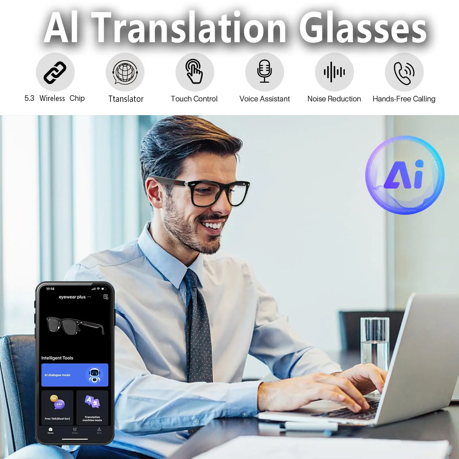 Smart AI translation glasses equipped with anti-blue light lenses, supporting real-time application translation in 164 languages