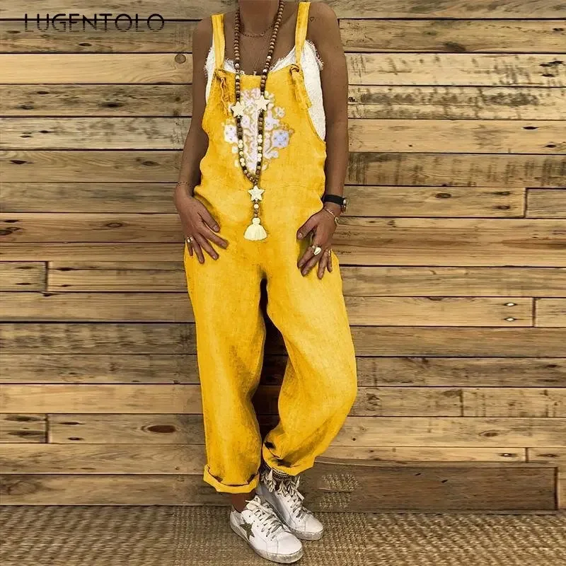 Linen Overalls Jumpsuit Women Casual Print Sleeveless Summer Loose Female Suspenders Straight Leg Fashion New Streetwear