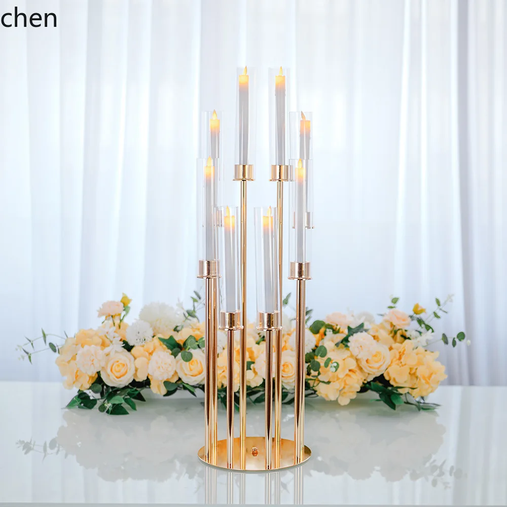PYH gold Iron Art 8-Head Step Candle Holder Wedding Hall Wine Table Flower Stand Decorative Ornament In Stock