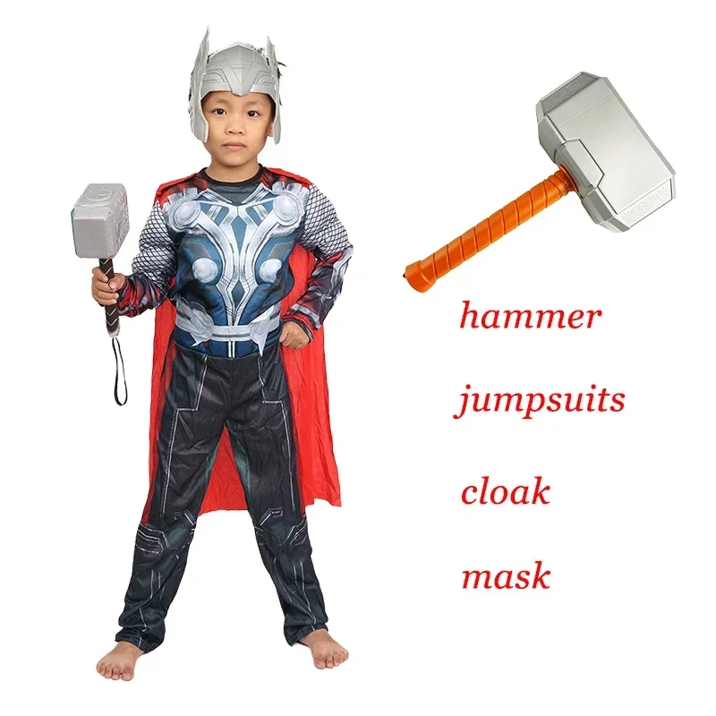 Superhero Thor Cosplay Traje para crianças, Traje muscular, Macacão, Máscara, Martelo, Halloween, Roupas de Carnaval, Crianças