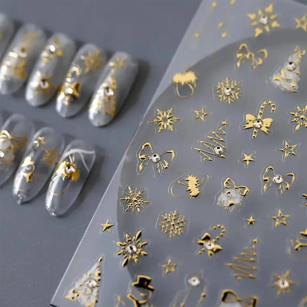 Autocollants pour ongles de noël flocon de neige doré 5D, 1 pièce, Relief brillant, strass, nœud étoile, arbre de noël, décalcomanies adhésives, fournitures pour ongles de noël