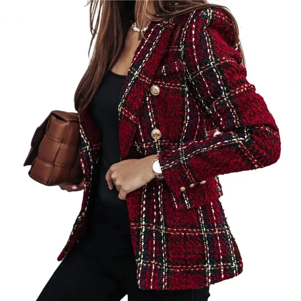 Women Blazer Double-breasted Plaid Print Lapel Lady Blazer Long Sleeves Thick Warm Cardigan Formal Business Winter Coat