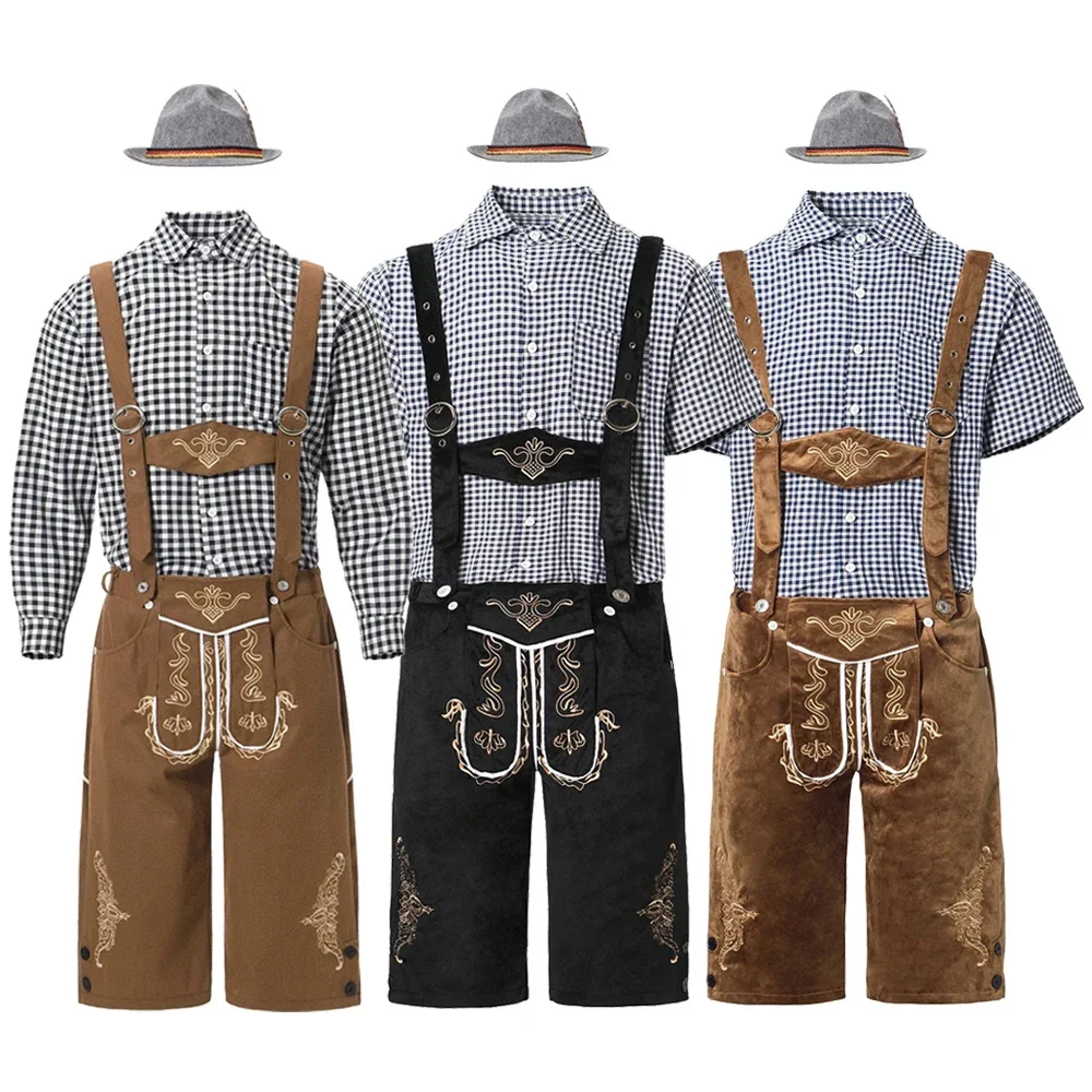 

Halloween Beer Festival Male Cosplay Short Sleeve Plaid Shirt Suspenders Hat Set Men German Oktoberfest Lederhosen Costume M-XXL