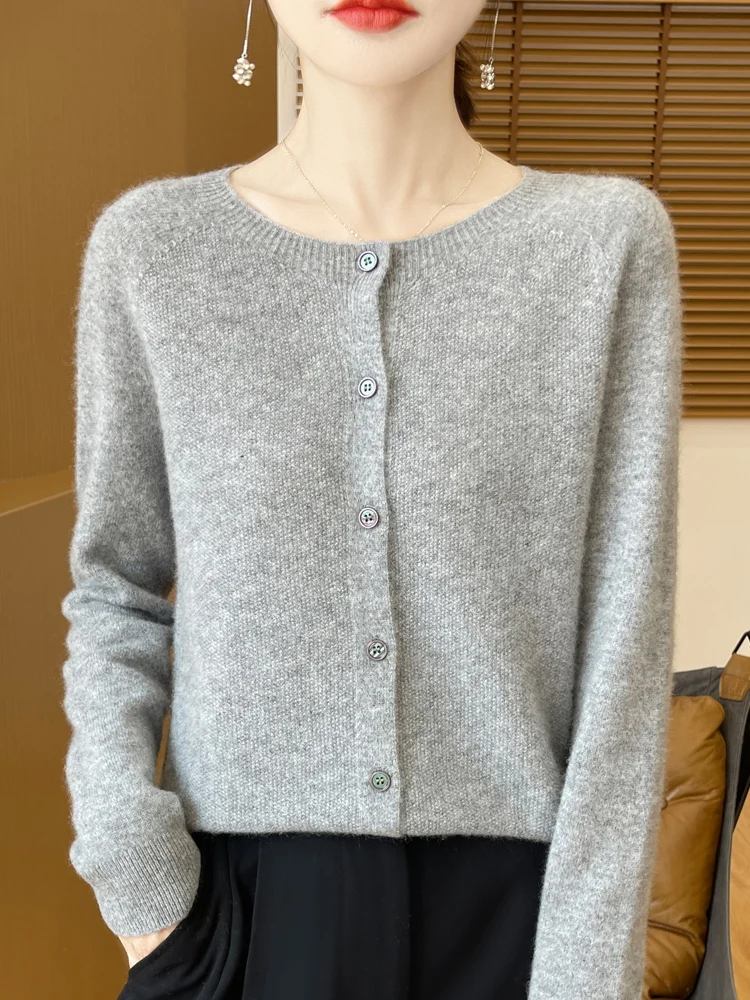 Spring Autumn Women 100% Merino Wool Cardigan Soft O-Neck Cashmere Sweater Knitwear Casual Top Clothing Korean Elegant Style