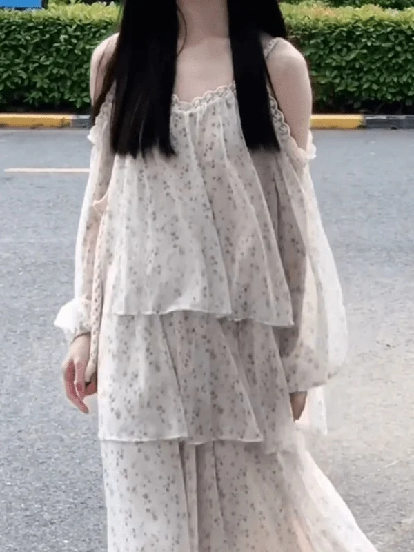 Holiday Floral Print oulder Bared Dr Women's mid Length a Line Skirt Casual Sle High Waist Summer Season Long Sve