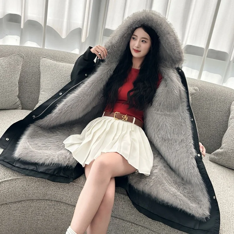 Winter Fur Lining Windbreaker Parka Coat 2025 Trendy Faux Fur Fox Hair Thickened Warm Loose Inner Tank Detachable Jacket w1537