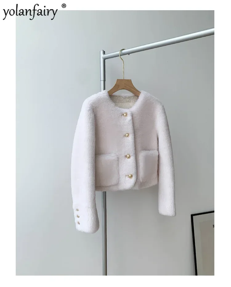 معطف فرو حلو من YOLANFAIRY معاطف شتوية قصيرة برقبة دائرية للنساء 30% فرو مركب من الصوف سترة فرو متكاملة ملابس عصرية