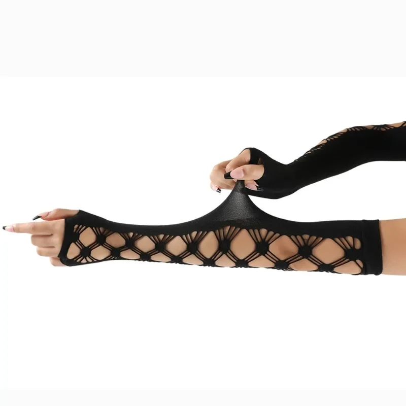 女性肘長パンク手袋弾性指なし手袋タッチスクリーンミトンカットアウトクロスメッシュ手袋コスプレパーティー衣装