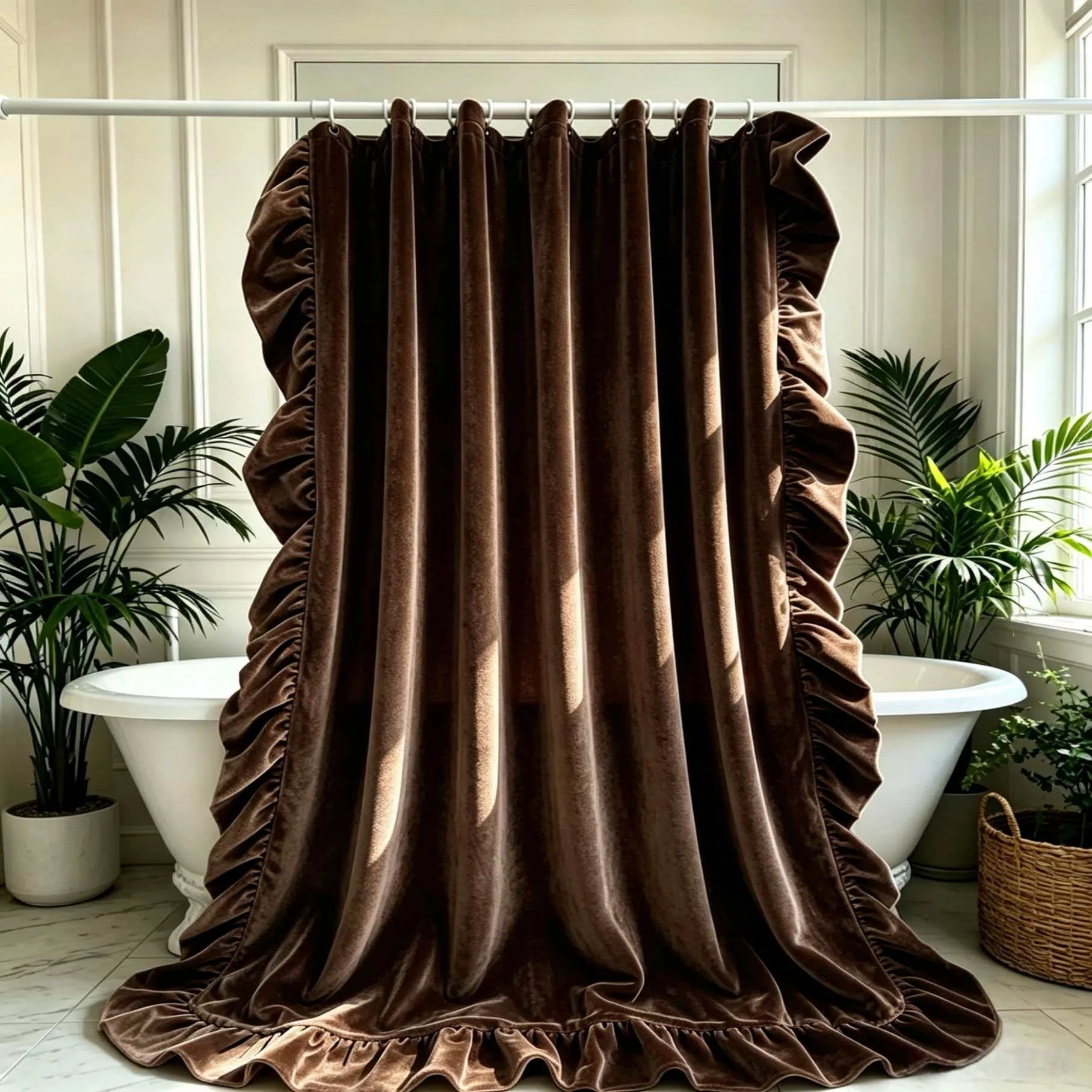 Thick Velvet 3-Sided Ruffle Shower Curtain Luxury Decor Fabric Bath Curtain Free Matching Hooks Included