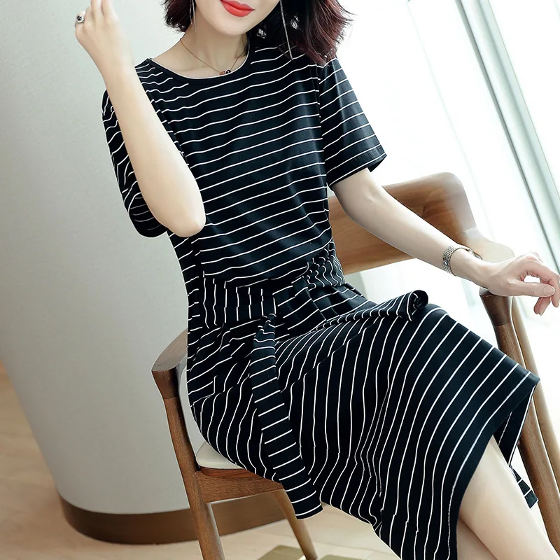 Striped Dress Women\'s Mid Length Frock Tied Waist Slimming T-shirt Dress Round Neck Fitted Female Clothing Summer Short Sleeved