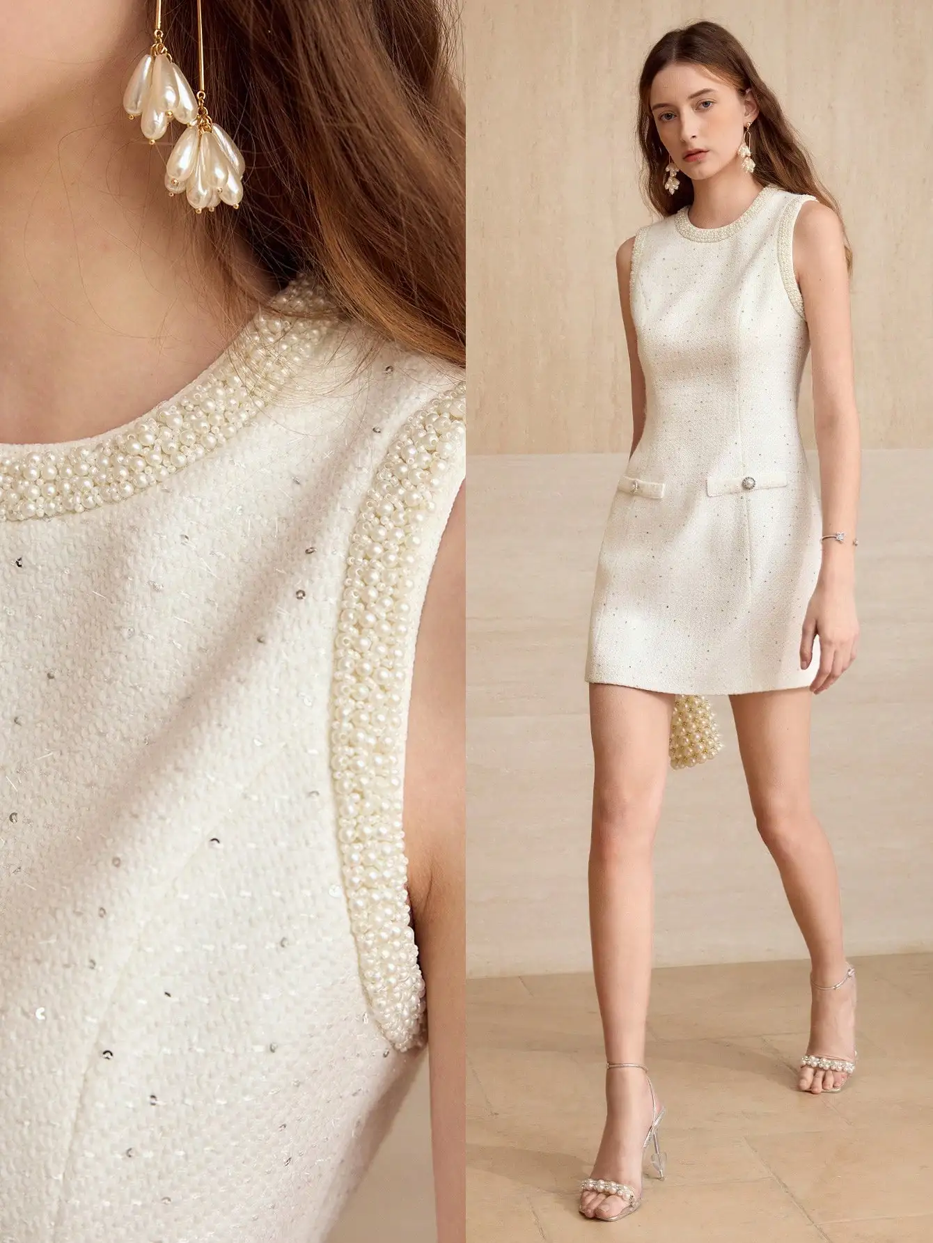 

Кремовое твидовое платье без рукавов с жемчужной отделкой и передними карманами