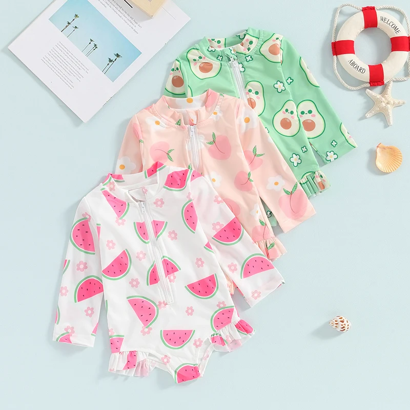 

6M-4Y Kids Baby Girl Swimwear Summer Fruit Print Ruffle Long Sleeves Monokini Swimsuits for Toddler Bathing Suits Beachwear