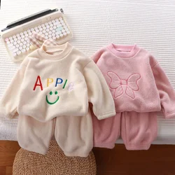 Autumn Winter Kids Thicken Warm Soft Fleece Pajamas Baby Boys Girls Cute Cartoon Letter O-neck Pullover Clothing Sets Pyjamas