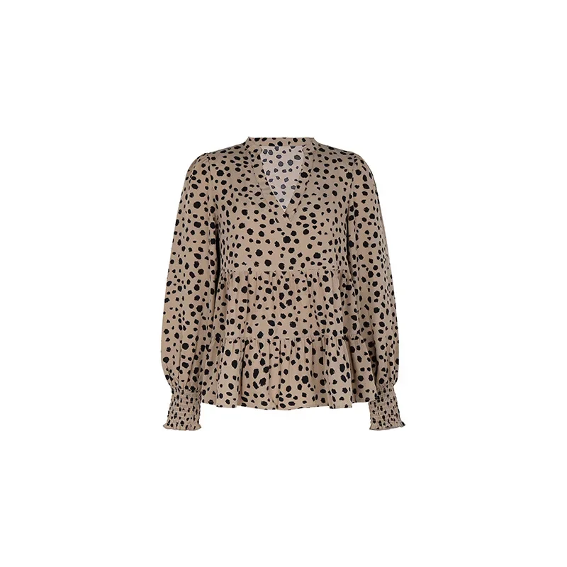 Blusa de manga larga con estampado de leopardo para mujer, camisa elegante con volantes y cuello en V, Tops a la moda