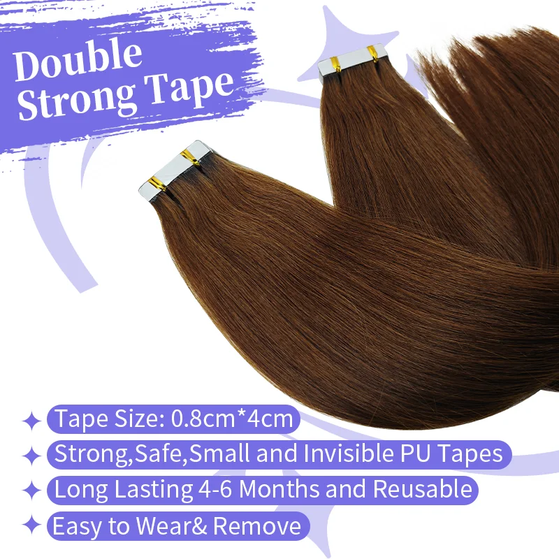 Straight Seamless PU pele trama fita para o salão de beleza, 100% Remy extensões de cabelo humano, cor natural, alta qualidade, 16 a 26 ", #4