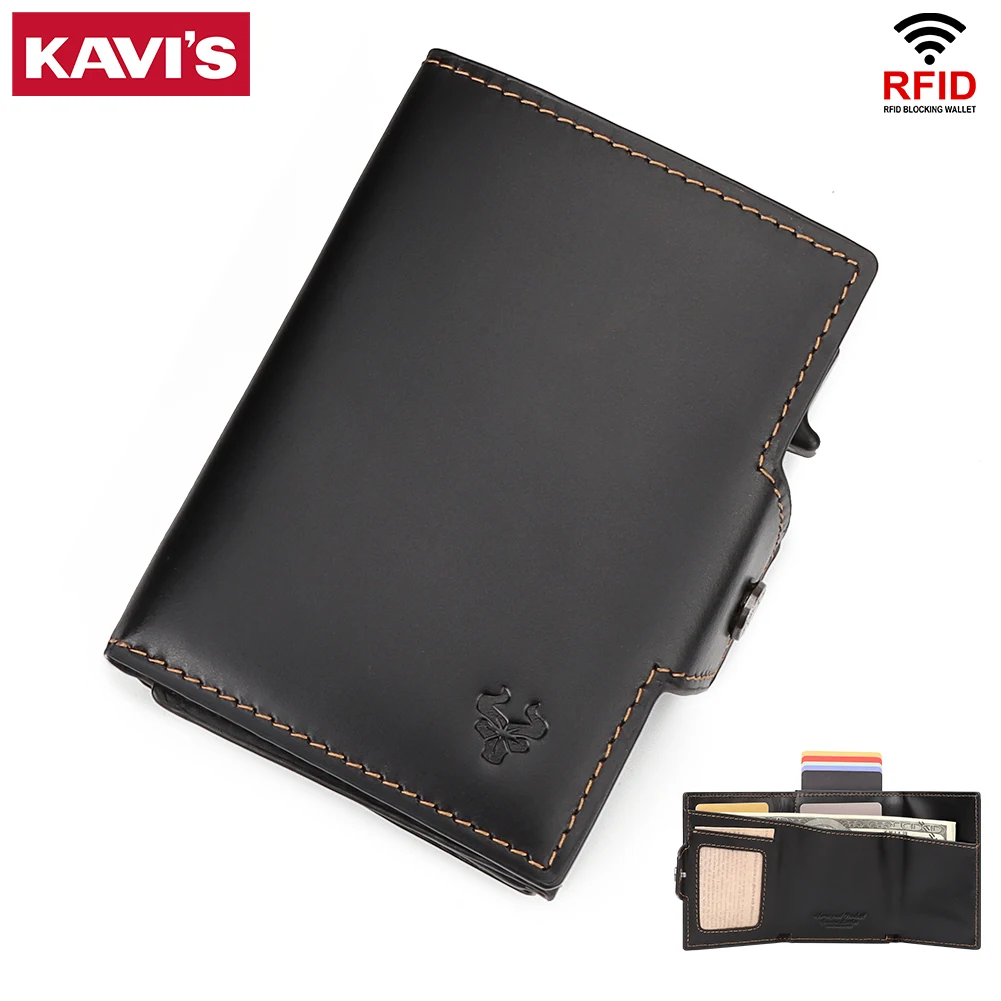 

Full Grain Leather Credit Card Holder Wallet RFID Automatic Pop Up Bank Card Case with Zip Coin Pocket Unisex Porte Carte