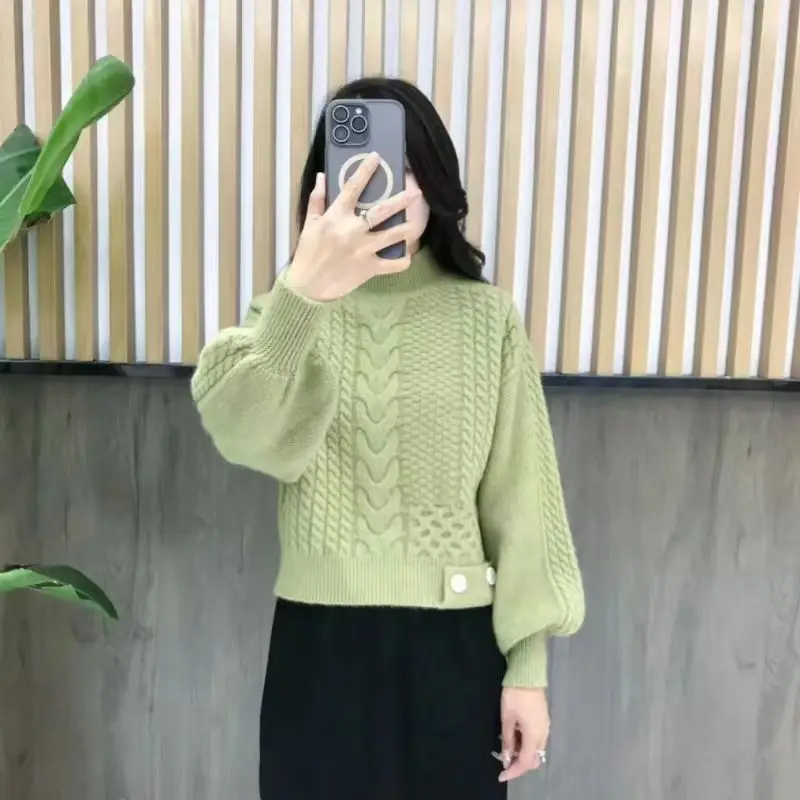 Maglione intrecciato collo mezzo alto pullover addensato autunno e inverno maglia allentata dimagrante nuovo top a maniche lunghe E11594