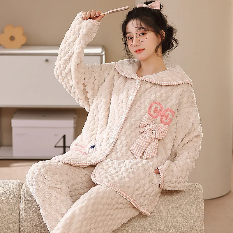 

Thicken Women's Pajama Set Winter Pj Sweet Cute Sleepwear Coral Fleece Kawaii Cardigan Homewear Keep Warm Comfortable Nightwear