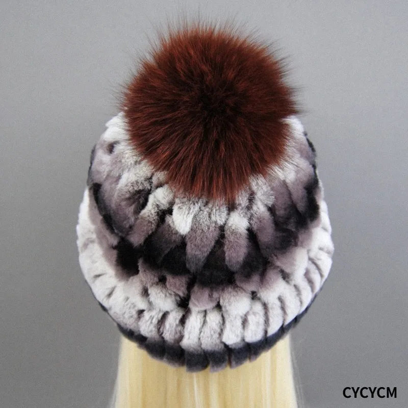 New Winter Warm Real Rex Rabbit Fur Hats Beanies 100% Natural Fur Caps Fashion Knitted Genuine Fur Hat With Silver Fox Fur Ball