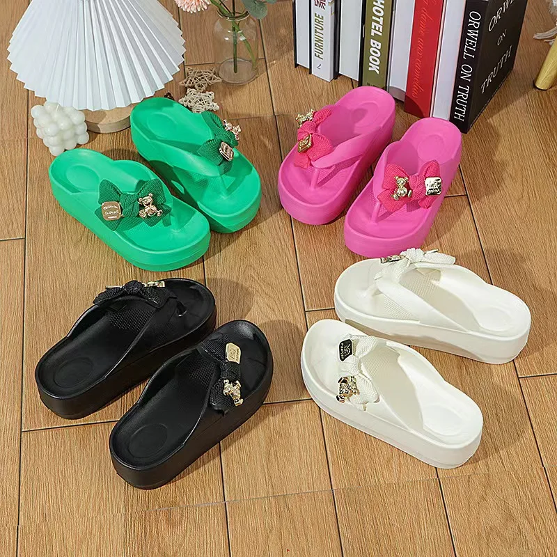 2024 NewWomen Flat Bow Flip Flops Women  Summer Platform Flops Female Thick Sole Mules Outdoor Fashion Casual Comfortable Slides