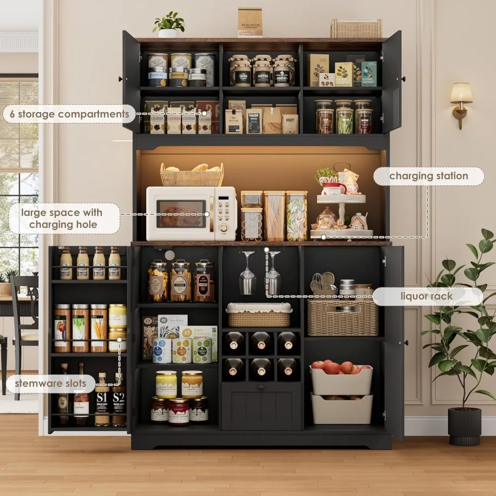 71 Pantry Cabinet with LED Light and Charging Station, Kitchen Pantry Cabinet with Microwave Stand, Kitchen Hutch Food