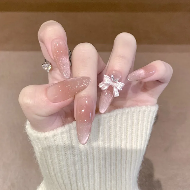 24 Uñas Postizas Francesas Blancas con Moño 3D, Cobertura Completa, Desmontables, para Mujeres y Chicas 2