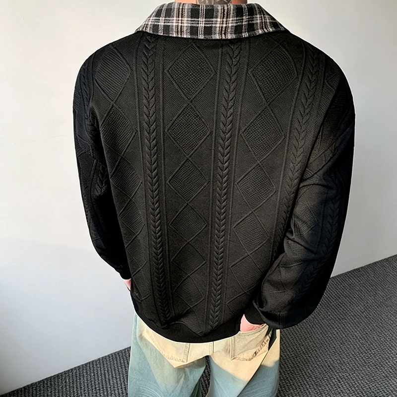 Herren-Sweatshirt mit Kontrastkragen und langen Ärmeln, Herbst-Diamant-Jacquard-Strick, lockere Passform, lässige Oberteile, halber Reißverschluss, Alltagskleidung – Detail 17