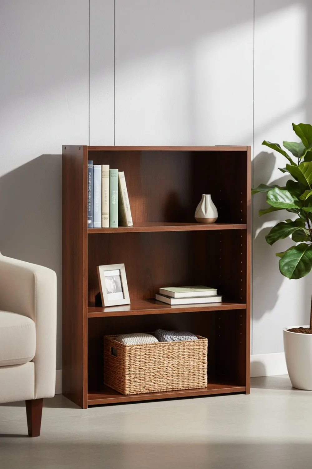 Estante ajustável de 3 prateleiras com acabamento Brook Cherry, armazenamento versátil para sala de estar de escritório doméstico