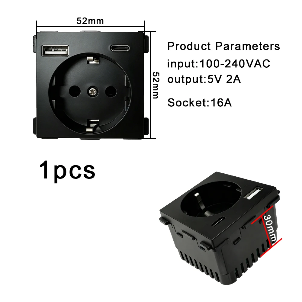 UBARO 86×86mm EU Socket DIY Kit, Glass Panel + Iron Bracket + A+C/Quick Charge/Standard Module, 16A, 5V 2A/3A view 2