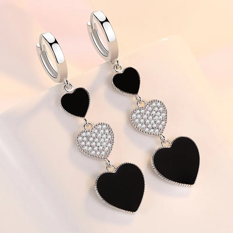 KOFSAC Romantic Trendy Black Heart Long Earrings For Women Glamorous 925 Sterling Silver Party Earring Shiny Zircon Jewelry