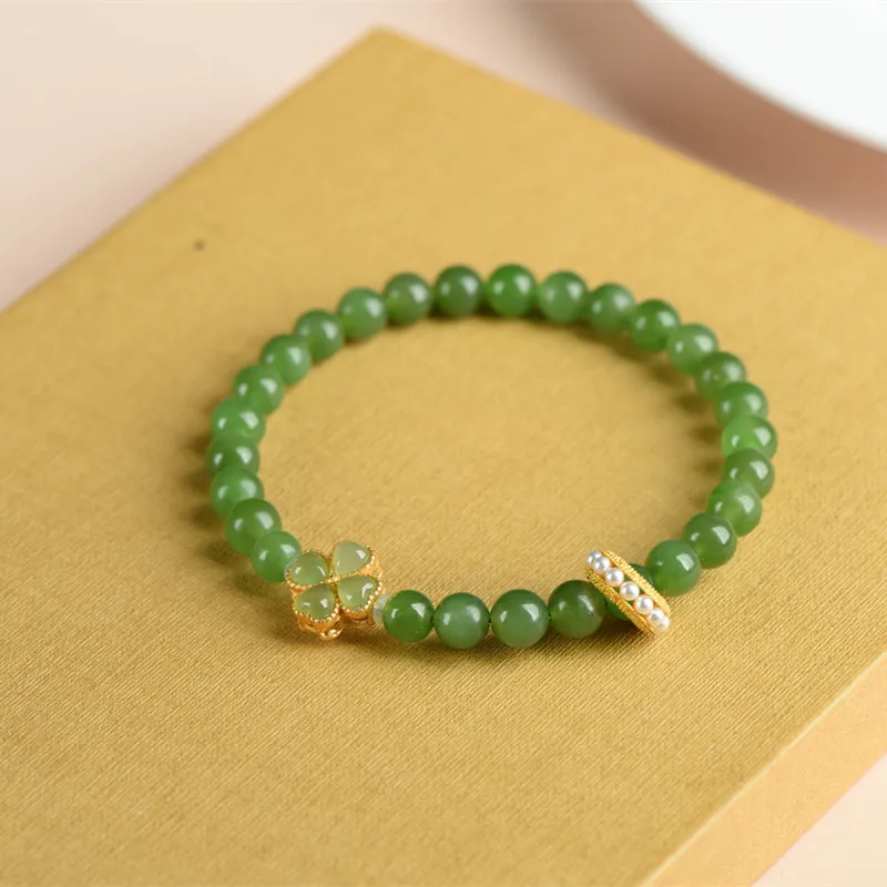 Natural Hetian Jade Pearl Bracelet Fashion Temperament Female Bead Single Four-leaf Clover Female Girlfriend Gift Free Shipping