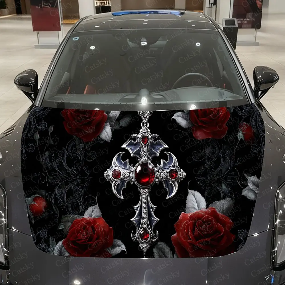 

Cross Pendant & Roses Car Vinyl Wrap, PVC Waterproof Car Hood Sticker, Self-Adhesive Scratch-Resistant Engine Cover Sticker